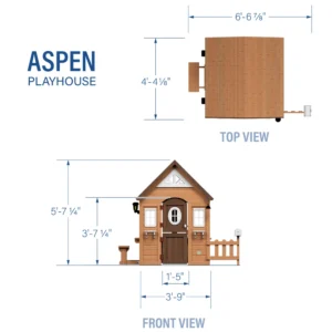 Aspen Playhouse dimensions: 6 ft 7 in wide, 4 ft 4 in deep, 5 ft 7 in high, with 3 ft 9 in house body and 1 ft 5 in door