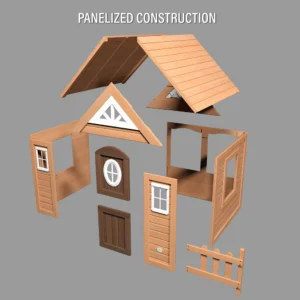 Aspen Playhouse panelized construction diagram showing pre-assembled cedar wall panels, roof sections, gable, Dutch door and picket fence