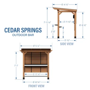 Cedar Springs Outdoor Bar dimensions: 8 ft 5 in wide, 6 ft 4 in deep, 7 ft 11 in high, with bar top at 3 ft 6 in