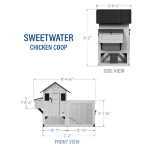 Sweetwater Chicken Coop dimensions: 8 ft 5 in wide, 3 ft 9 in deep, 6 ft 2 in high, with 3 ft 8 in run height