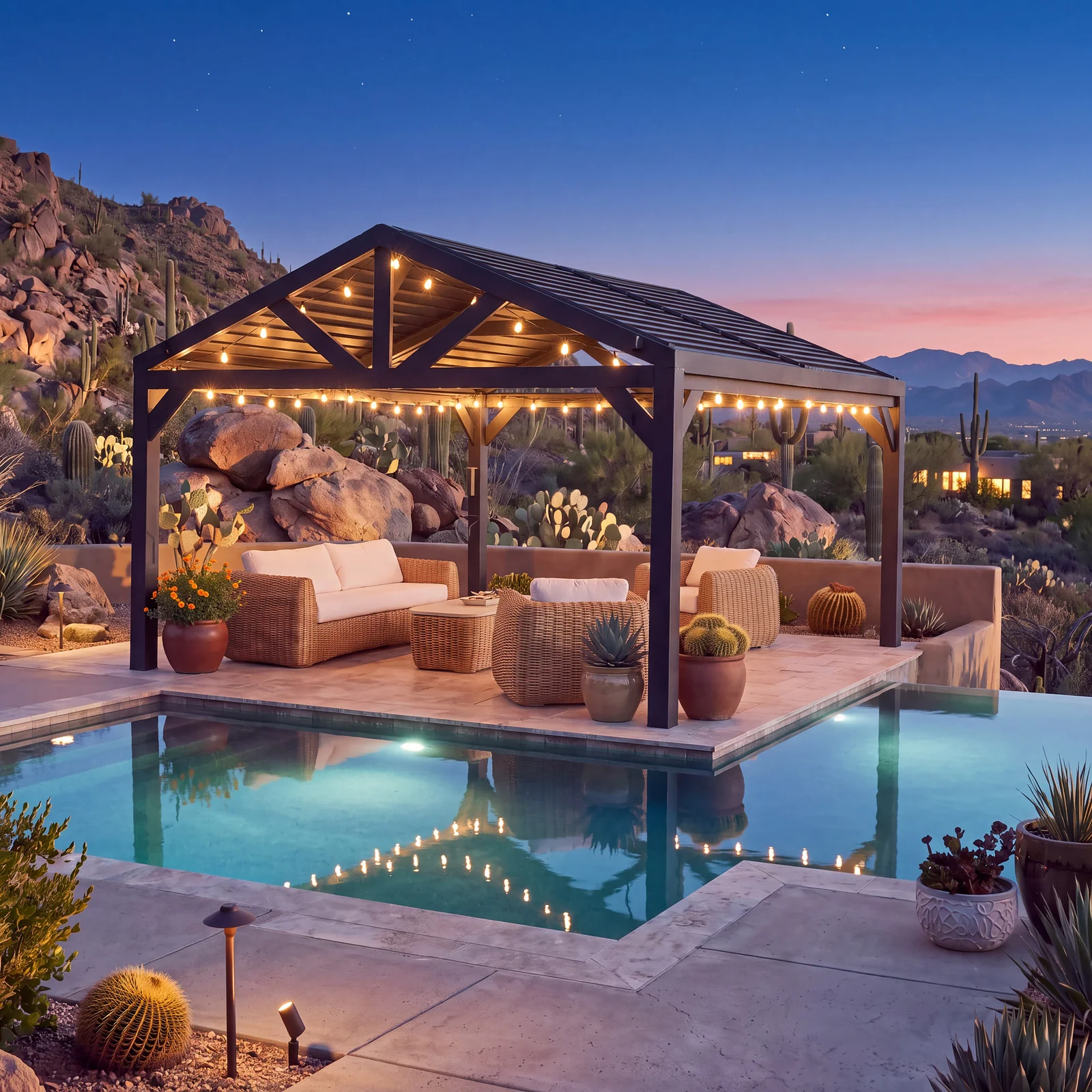 SIZE_14x14-Ridgeline_Desert-HERO-Night_2500x2500_V1 Backyard Discovery Ridgeline 14x14 Steel Louvered Pergola with Adjustable Roof - Image 1